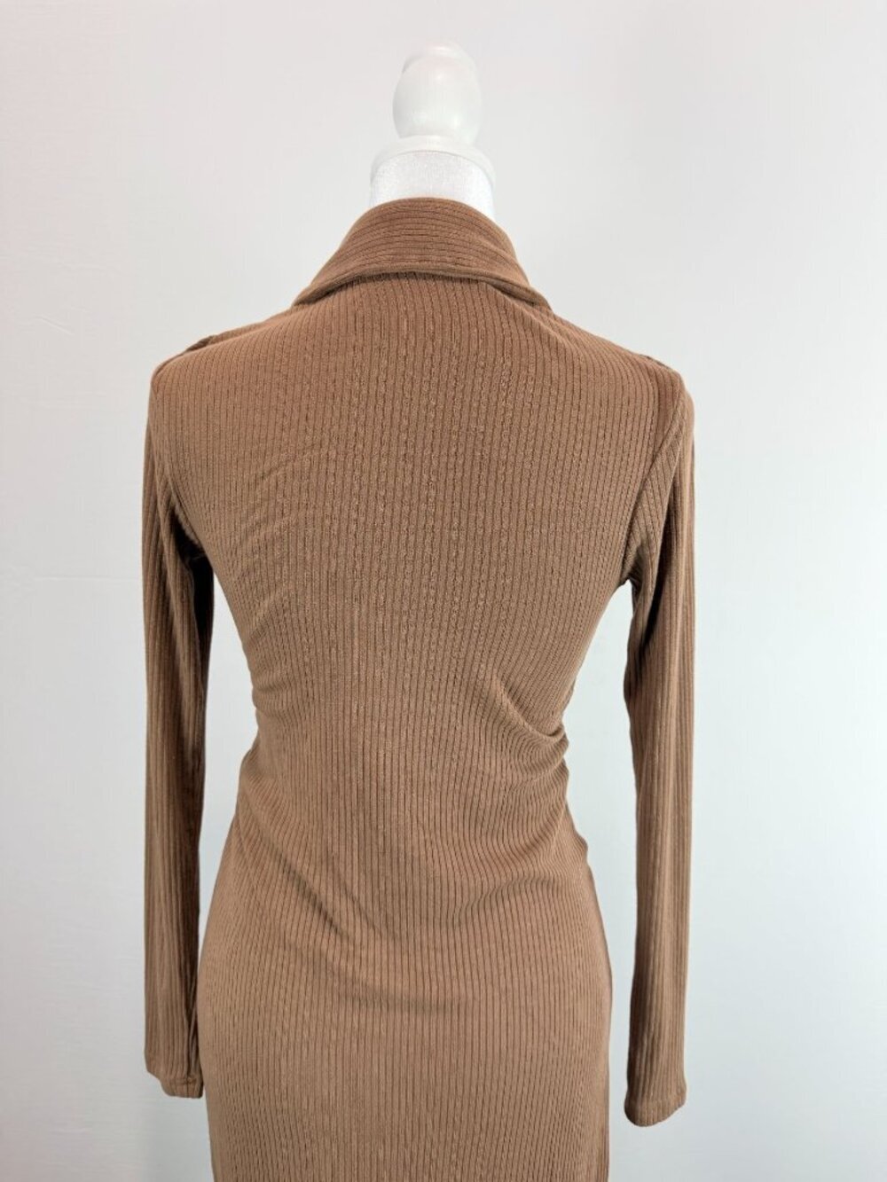 Lucca Brown Ribbed Long Sleeve Button-Down Midi Dress With Collared Neckline S - Picture 3 of 14
